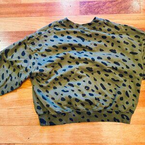 Clare V. Small Olive Green and Black Leopard print Crew Neck Fleece Sweatshirt